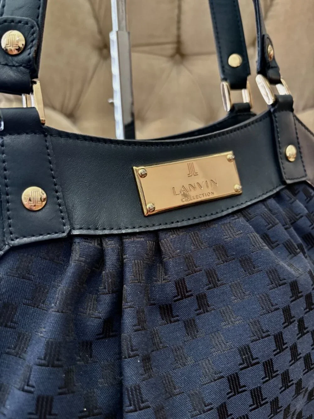 VTG Auth LANVIN PARIS Iconic Monogram Canvas & Leather Ruched Satchel Bag - Picture 4 of 9
